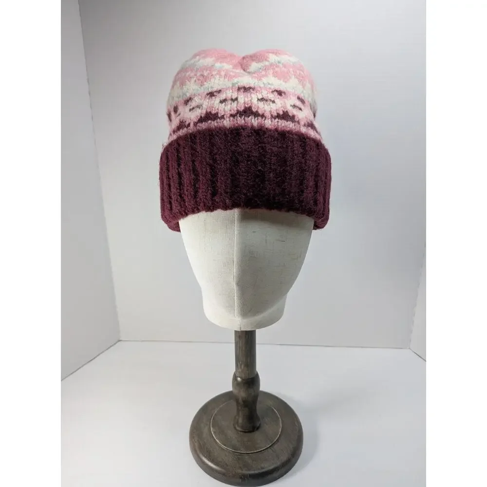 Vince Camuto Knit Brushed Fair Isle Beanie Color Wine‎ Winter Cold Weather Hat